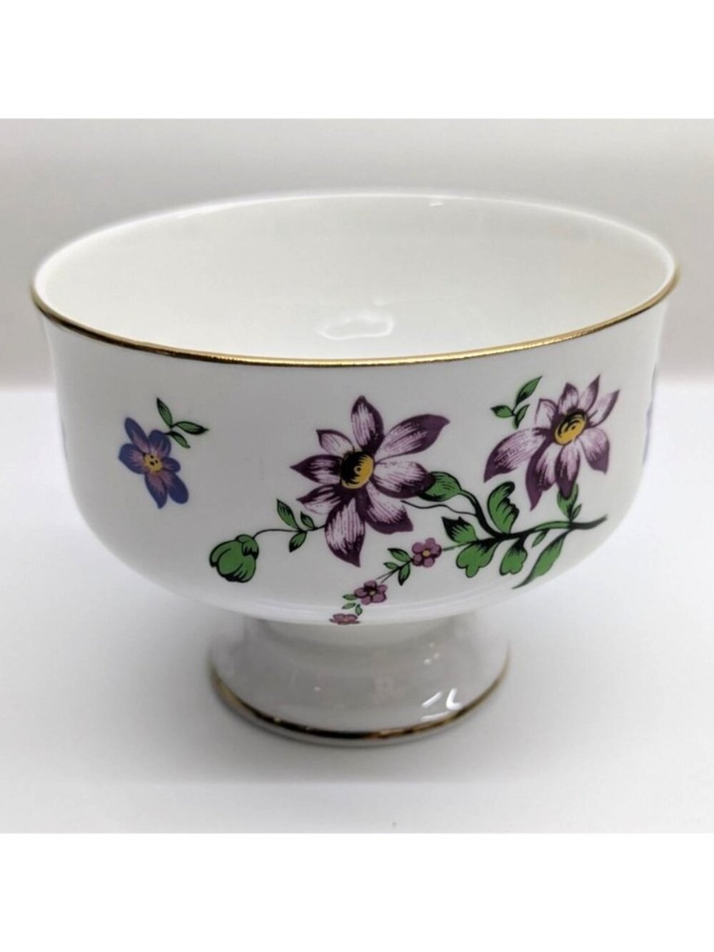 Royal Victoria Bone China Footed Dessert Bowl Gold Trim Purple Floral England